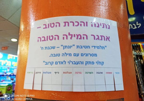 שכבת ח’ “נתינה והכרת הטוב” אתגר המילה הטובה. תליית שלטים ברחבי העיר ק.מוצקין.