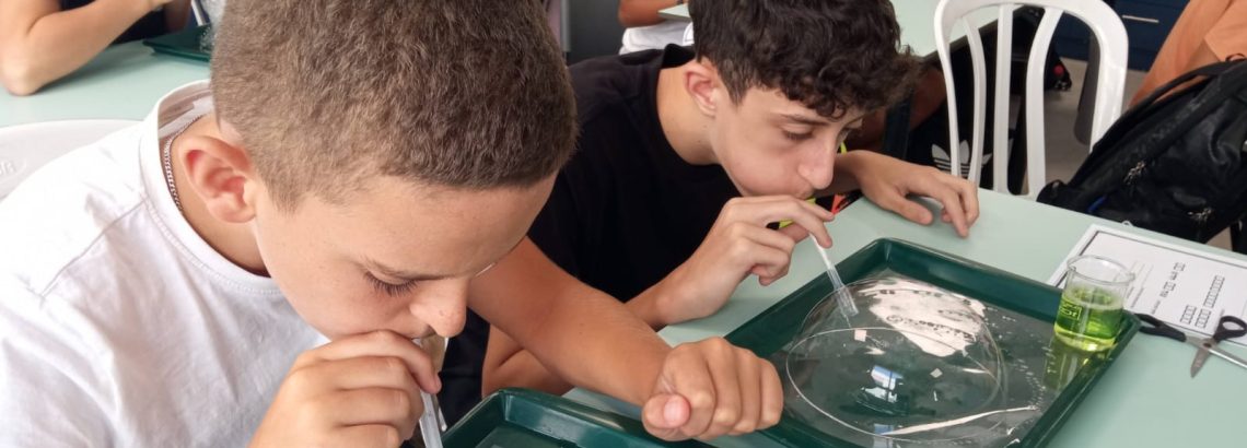 תלמידי ח’ מדעית באתגר בועת סבון. למדו על העקרונות המדעיים מאחורי המבנה הכדורי של בועת הסבון ויצרו בועות ענק