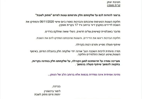ב”מכתבי הוקרה” מודים לתלמידי ח’ והוריהם על הבאת מתוק לשבת לקהילה
